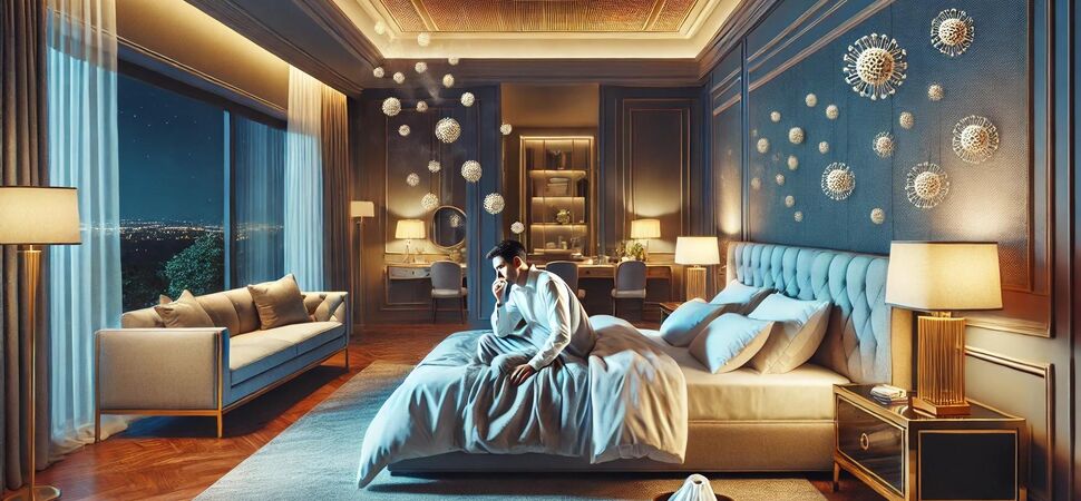a man lying in bed unable to sleep due to hay fever - How Allergies Impact Sleep Quality - Ashcroft Pharmacy