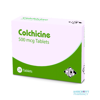 A box of Colchicine 500 mcg tablets (28 tablets) by Ashcroft Pharmacy.